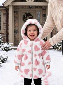 SHEIN Playful Pals 2件組可翻面女嬰幼童秋冬百搭萬能休閒加厚愛心絨毛法蘭絨收腰長版大衣保暖外套 - 白色 - 查看 2