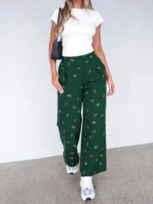 SHEIN Essnce 大尺碼女款春夏時尚休閒寬鬆舒適涼爽日常百搭黑色碎花紋理布料鬆緊腰寬腿褲，女款下裝，寬鬆褲，可愛夏季穿搭，歐洲夏季，度假服飾，女款機場穿搭 - 墨綠色 - 查看 5