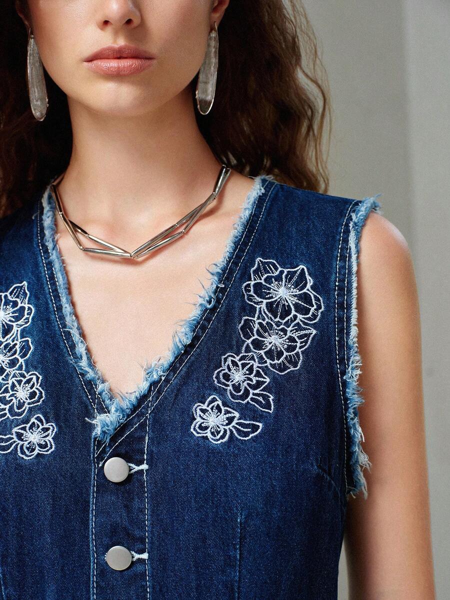 MOTF PREMIUM WOMEN'S FLORAL EMBROIDERED RAW TRIM SLEEVELESS WHITE AND BLUE FLORAL DRESS DAYTIME GOING OUT SUMMER CASUAL - Blue - View 2
