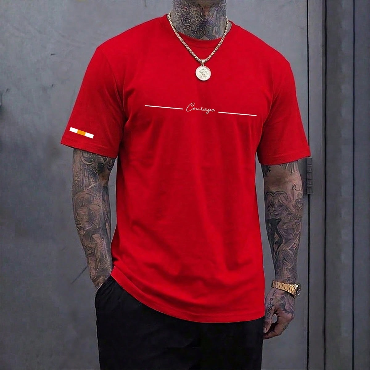 Camiseta de manga corta con cuello redondo y estampado simple para hombre