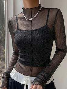 FRIFUL Women's Casual Slim Fit Mesh Sheer Layered High Neck Long Sleeve Blouse With Ruched Cuffs Going Out Tops - Black - View 7