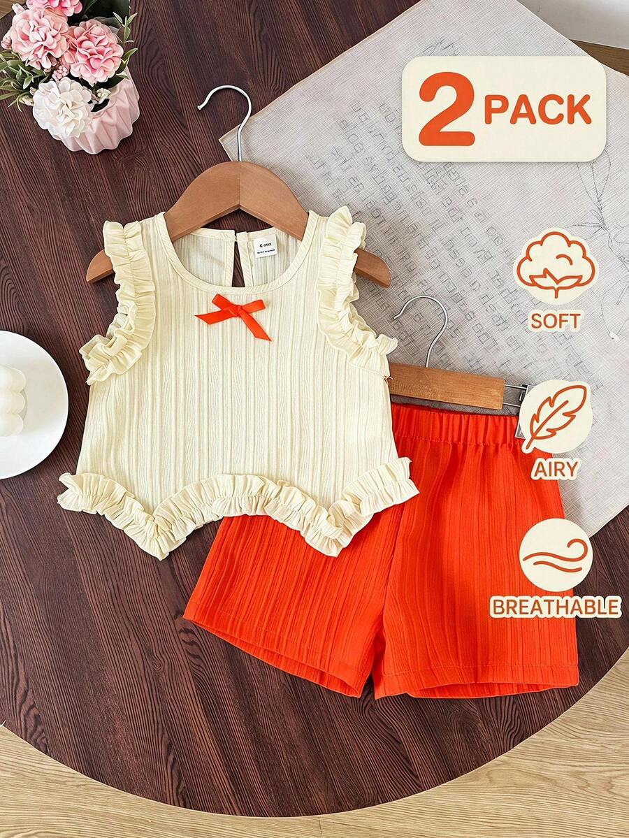 SHEIN 2件組女嬰可愛時尚Y2K羅紋蝴蝶結飾邊迷你合身背心短上衣,柔軟透氣涼爽套裝衣飾,適合夏季炎熱天玩耍、旅行、公園、海邊樂趣 - 橘色 - 查看 1