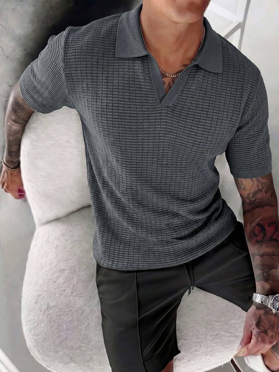 Manfinity CasualCool 男士V领罗纹针织Polo衫，简约通勤短袖毛衣