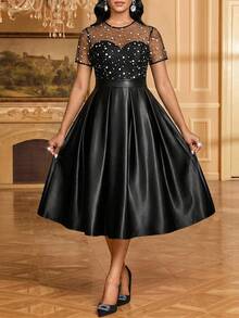 SHEIN Lady Women's Slim Fit Tulle Patchwork Polka Dot Pattern High Waist Midi Dress Suitable For Parties - Black - View 5
