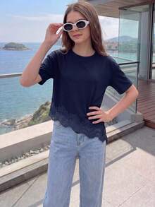 Elladie kids 青少年女孩純色蕾絲拼接不對稱下擺T恤 - 藏蓝色 - 查看 5