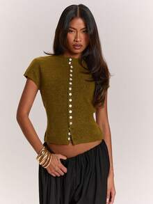 SHEIN BAE Regular Women's Button Knit Top - Green - View 4