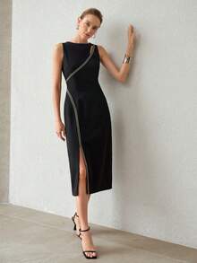 MOTF PREMIUM FAUX PEARL DECORATED HOLLOW OUT SLEEVELESS HIGH SLIT HEM DRESS - Black - View 5