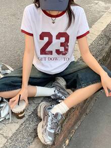 DAZY 女款撞色字母織帶裝飾修身休閒街頭運動風短袖T恤 - 白色 - 查看 4