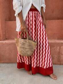 Flora Isola Flora Isola Women's Wavy Pattern Elastic Waist Contrast Color Elegant Boho Loose Skirt Beach Pink Striped Autumn - Multicolor - View 1
