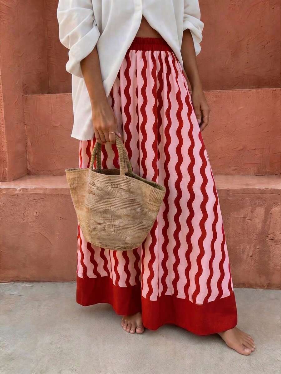 Flora Isola Flora Isola Women's Wavy Pattern Elastic Waist Contrast Color Elegant Boho Loose Skirt Beach Pink Striped Autumn - Multicolor - View 1