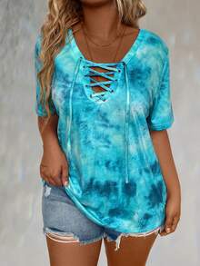 LONESS Plus Size Tie-Dye Printed Drawstring Short Sleeve Summer T-Shirt - Multicolor - View 3