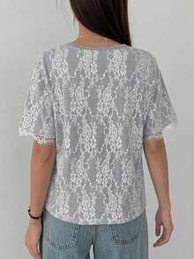 DAZY Women's Contrast Lace Loose Short Sleeve Casual T-Shirt - Grey - View 5