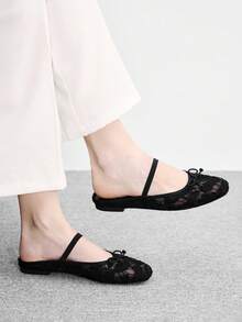 CUCCOO BIZCHIC 女款法式平底拖鞋，夏季百搭新款蝴蝶結編織包頭穆勒鞋，春季鞋款 - 全黑 - 查看 5