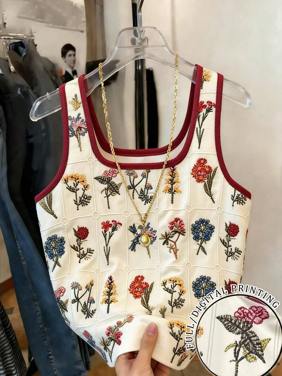 SHEIN 女士花卉刺绣圆领修身吊带背心 - 彩色 - 查看 1