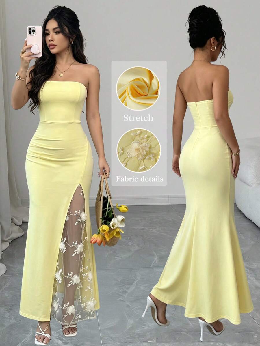 SHEIN Raffinéa 優雅迪斯可風無肩帶修身貼身開衩刺繡網紗淡黃色長洋裝 女款派對雞尾酒晚宴夏季婚禮禮服