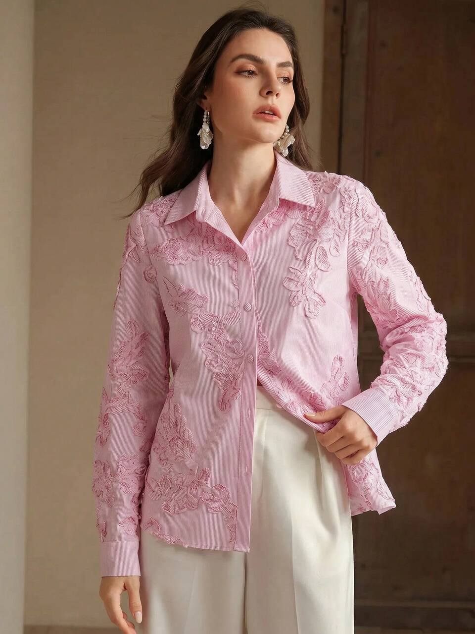 Anewsta New Arrival Spring/Summer Elegant Fashion Outing, Dating, Holiday, New Year, Work Embroidered Long Sleeve Blouse For Women