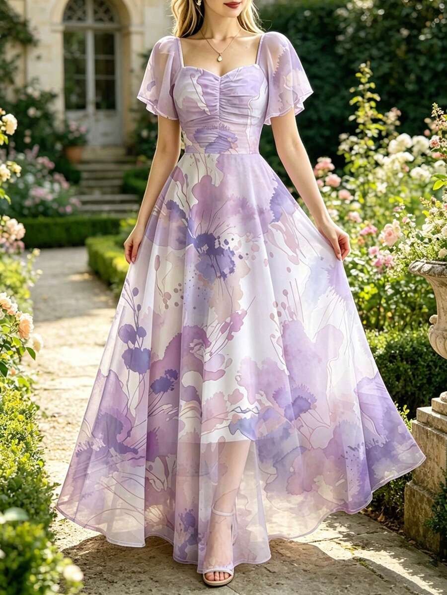 Modelyn 紫色花卉水墨紋理印花女款長洋裝,時尚方領百褶飄逸袖設計女裝,夏季收腰長版度假風洋裝,花卉圖案淡紫色雪紡洋裝,適合夏季假期與日常穿著 - 彩色 - 查看 1