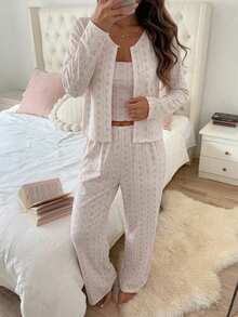 DAZY Sweet Floral 3-Piece Set Spring Outfit Pink Women's Pajama Set - Beige - View 6