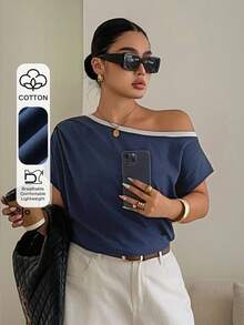 Dazy Plus Camiseta de manga corta con hombros descubiertos y fruncido en color block para mujer talla grande, azul, primavera/verano - Azul - Ver 1