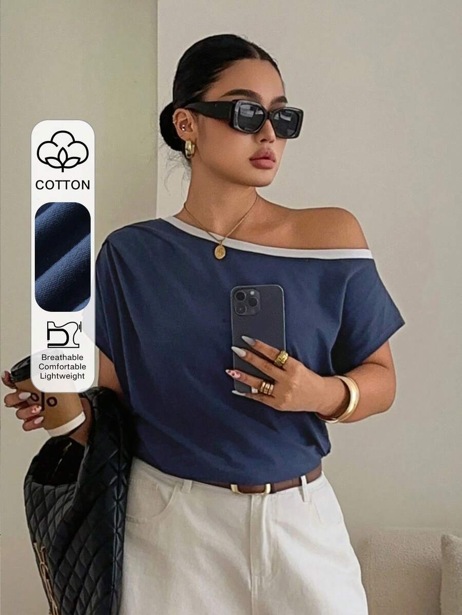 Dazy Plus Camiseta de manga corta con hombros descubiertos y fruncido en color block para mujer talla grande, azul, primavera/verano - Azul - Ver 1
