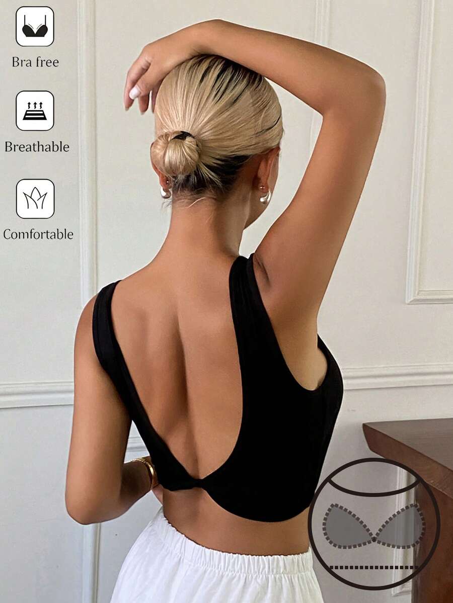 Livesso Wide Strap Backless Padded Short Solid Color Women's Sports Bra - Black - View 1