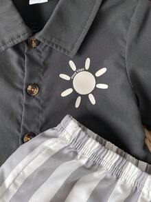 SHEIN Playful Pals Set Baju Bayi Laki-laki: Kardigan Lengan Pendek dengan Saku Tempel dan Celana Pendek - Grey - View 4