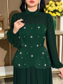 Modelyn 女款優雅仿珍珠裝飾網紗燈籠袖洋裝 - 墨綠色 - 查看 6