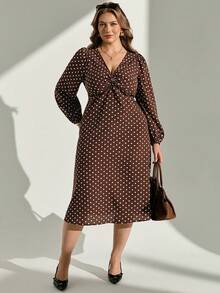 Chikora Vestido de manga larga con cuello en V para mujer de talla grande, con estampado de lunares, versátil para la oficina y uso casual - Marrón - Ver 5