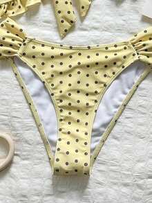 Swim Vcay Spring/Summer Solid Color Shoulder Strap Jacquard Fabric Non-Wired Bow Decor Cute Beach Vacation Swimsuit Set - Yellow - View 7