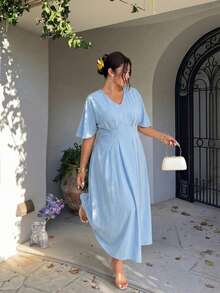 Firerie Plus-Size, Simple, Elegant Light Blue Midi Dress, Suitable For Everyday Wear, Commuting, Casual Outings, And Vacations. V-Neck, High-Waisted, Evening - Blue - View 1