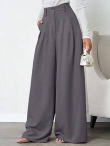 SHEIN Tall 100%纯棉高腰女士米色深褶亚麻长裤 - 灰色 - 查看 3