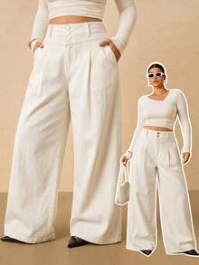 SHEIN Tall CURVE 大码女式高腰双扣白色阔腿牛仔裤，休闲夏季优雅商务日常穿搭；大码女式纯色口袋拉链纽扣宽松牛仔裤，夏季款 - 白色 - 查看 3