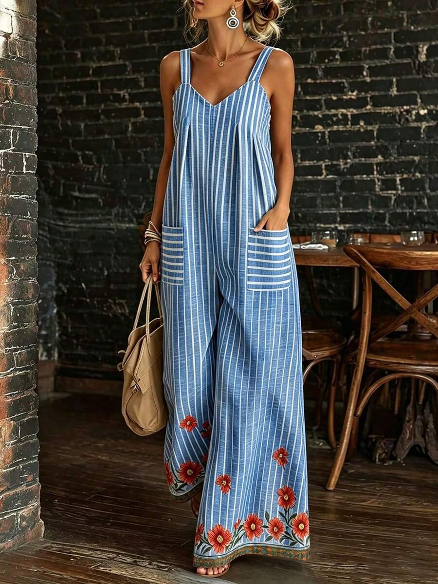 SHEIN Holidaya 夏季戶外時尚百搭優雅休閒度假旅行通勤聚會約會花卉印花吊帶女式連身褲 - 藍色 - 查看 1