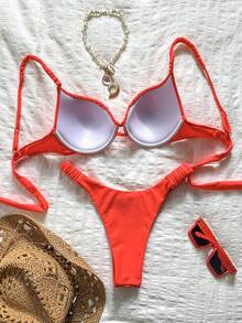 Bonvoyette Hard Cup Steel Support Spaghetti Strap Ruched Sexy Bikini Set - Cherry Red - View 3