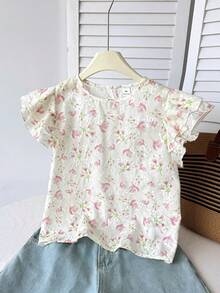 SHEIN Tween Girl Flower Print Round Neck Ruffle Sleeve Casual Cute Tropical Blouse, Holiday Style, French Chic, Suitable For Summer Ruffle Tops - White - View 3
