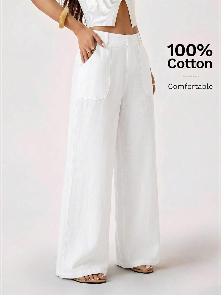 SHEIN PETITE 100%水洗棉低腰直筒褲,適合嬌小女性 - 白色 - 查看 1