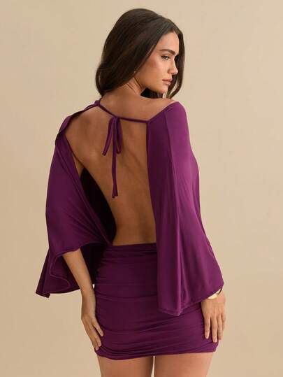 SHEIN BAE Vestido mini de punto de manga larga con lazo, espalda descubierta y color púrpura ciruela liso para mujer, primavera/verano