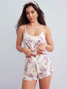 Elorette Floral Patterned Ladies' Camisole Tank Top And Bowknot Decorated Shorts Pajama Set - Beige - View 4
