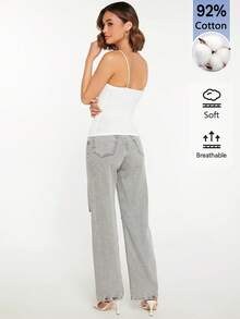 SHEIN BASICS 女款素色修身休閒百搭細肩帶背心上衣 - 白色 - 查看 2