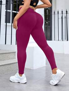 SHEIN Rhythm Era Plus Size Women's Solid Color High Waist Pockets Sports Yoga Pants - Rose Red - View 2
