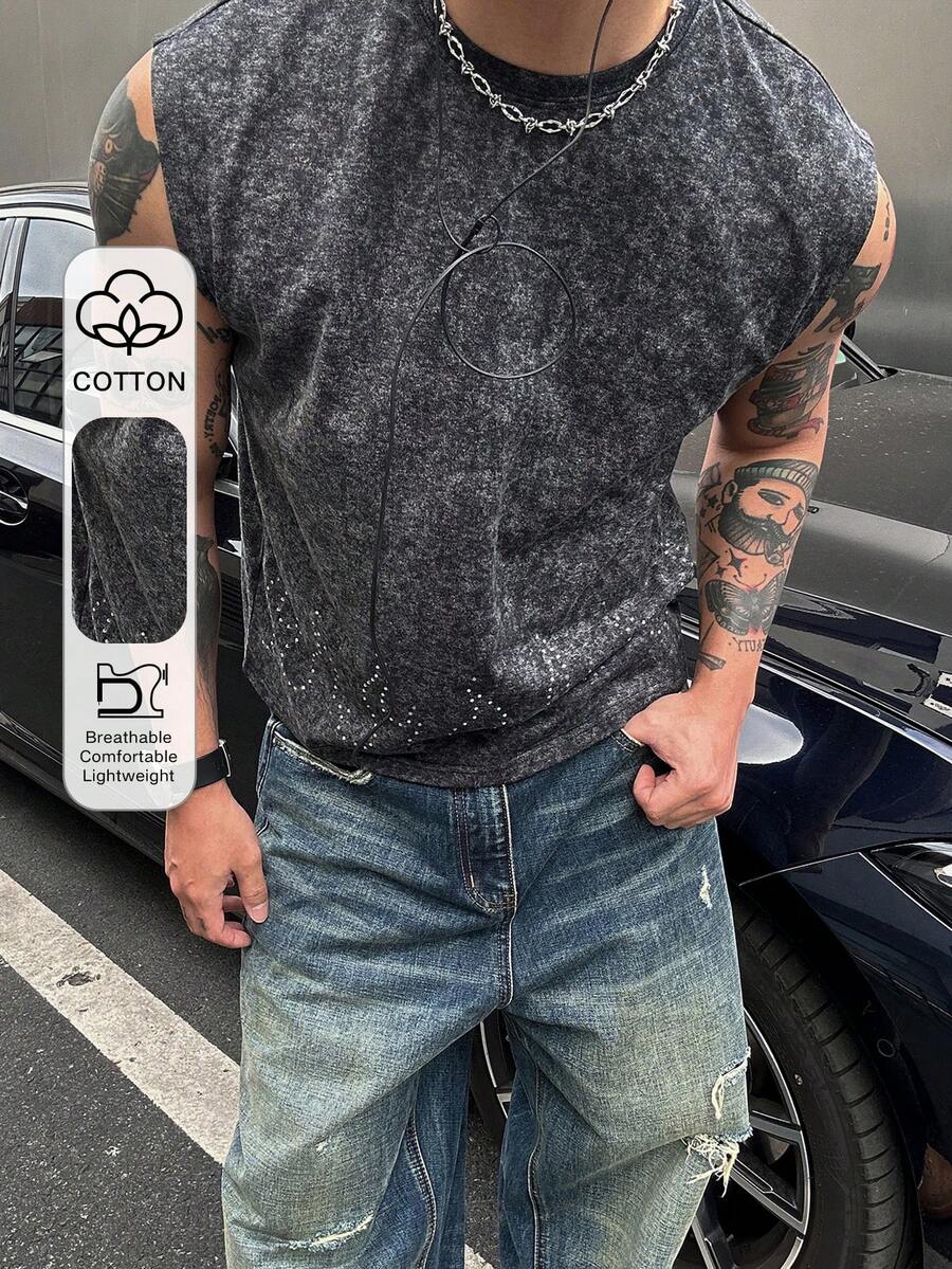 DAZY Camiseta gris de manga corta holgada con diseño de strass para hombres verano - Gris Oscuro - Ver 1