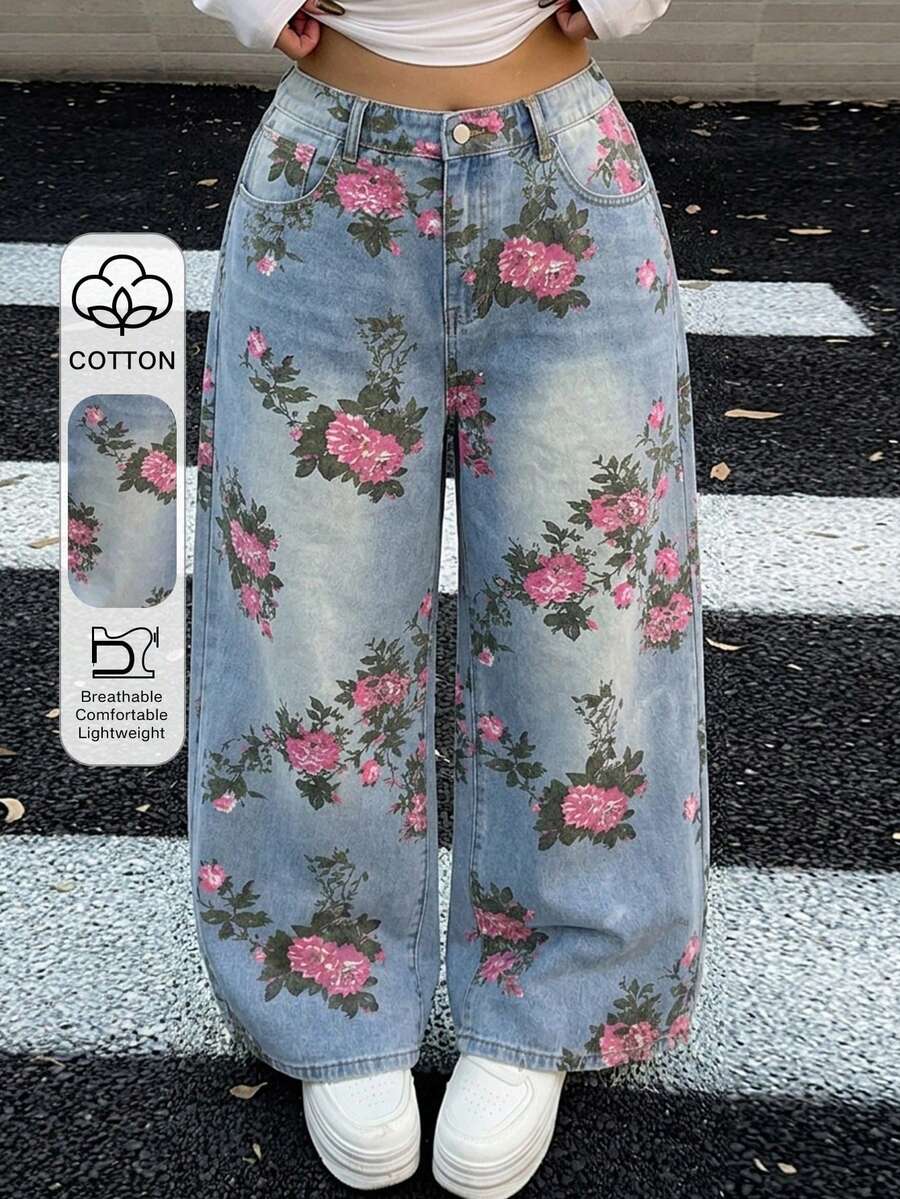 Dazy Plus 淺藍色直筒長版大尺碼女款牛仔褲,適合海灘、約會之夜、度假、夏季休閒優雅穿搭 - 中等水洗藍 - 查看 1