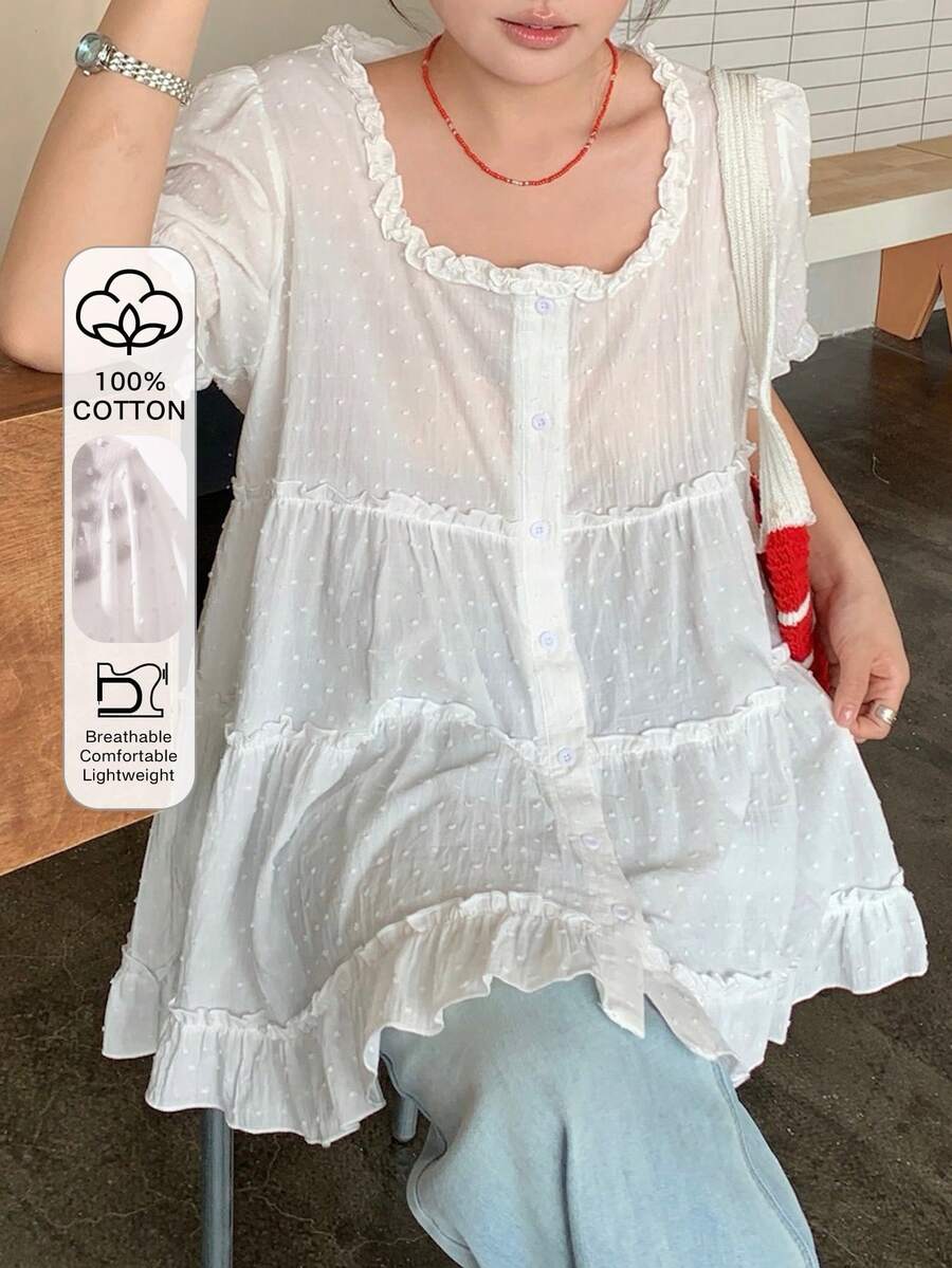 Dazy Plus 白色方领荷叶边宽松衬衫,泡泡袖休闲上衣,大码女装春夏白色短袖衬衫 - 白色 - 查看 1