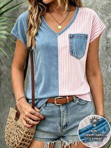 EMERY ROSE Women's V-Neck Cap Sleeve T-Shirt, Vintage Striped Patchwork Pattern, Casual & Versatile - Multicolor - View 1