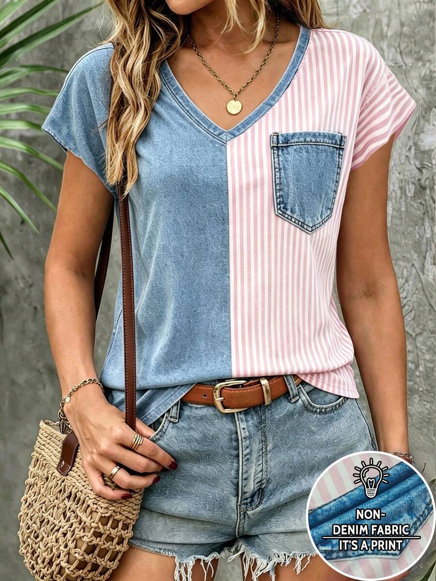 EMERY ROSE Women's V-Neck Cap Sleeve T-Shirt, Vintage Striped Patchwork Pattern, Casual & Versatile - Multicolor - View 1