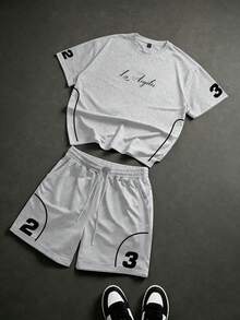 Manfinity EMRG Men's Letter & Number Print T-Shirt And Drawstring Shorts Set, Holiday - Multicolor - View 1