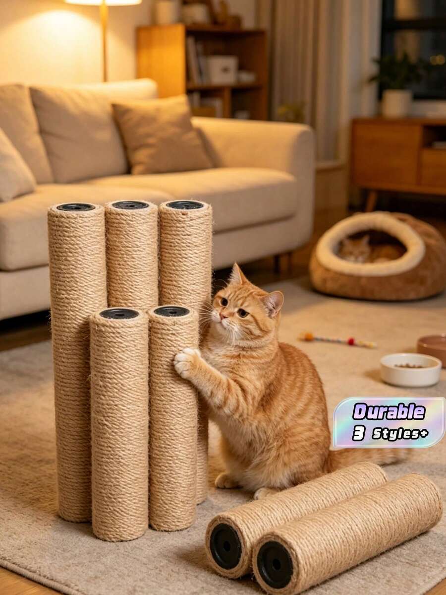 1pc 6cm Diameter Sisal Rope Cat Grab Column, Cat Climbing Frame Vertical Cat Climbing Frame Accessory Column, Wear-Resistant Jute Column, Cat DIY Building Material With Screws, 20cm, 40cm, 50cm - Yellow - View 1
