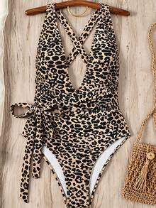 Swim SXY Traje de baño de una pieza con estampado de leopardo, escote ultra bajo y espalda descubierta - Multicolor - Ver 2