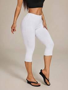 SHEIN PETITE Leggings Capri de Pierna Alta Estilo Urbano - Blanco - Ver 3