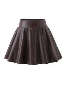 SHEIN Tween女孩純色PU皮革時尚百搭秋季裙 - 咖啡棕 - 查看 6